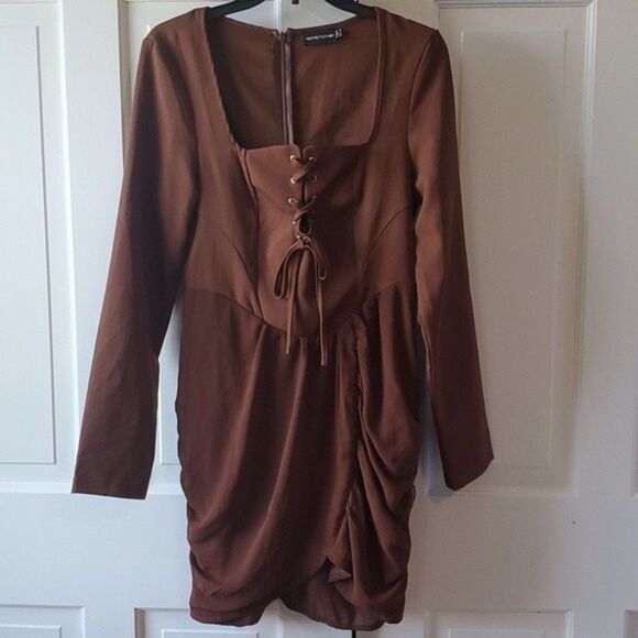 PRETTY LITTLE THING BROWN LACE UP CORSET STYLE DRESS RUCHING SEXY COSTUME SIZE 8 - Picture 1 of 6